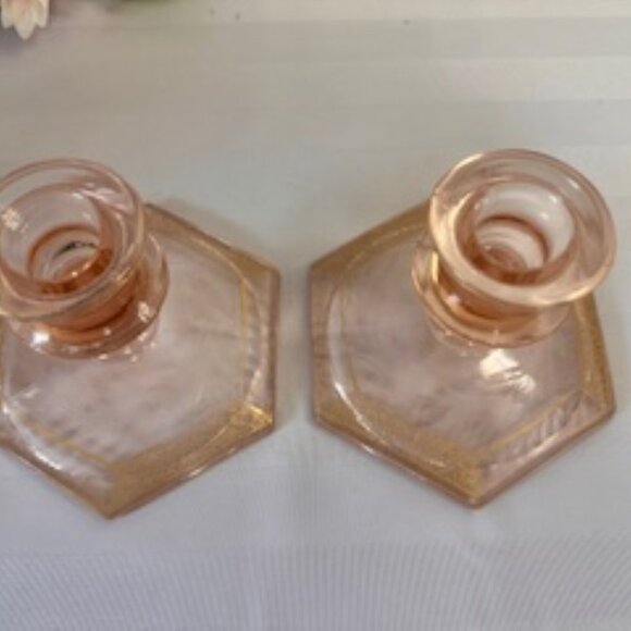 Vintage Pink Depression Glass Candle Holders Etched Floral Design with Gold Trim - Picture 3 of 3